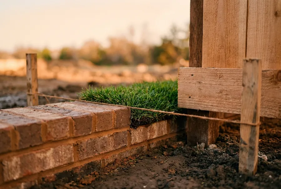 A generated illustration of a mason's string pulled taut over brick coursing, a cedar fence board, and a strip of freshly laid sod, a mood image and not an actual Eastview Landscaping project.